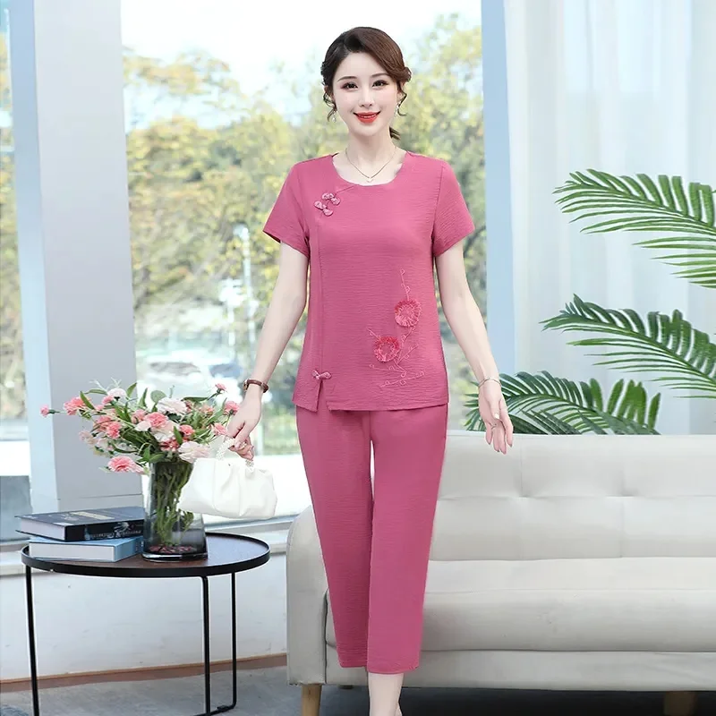 حجم كبير الأم قصيرة الأكمام تي شيرت موضة قطعتين مجموعات فستان صيفي منتصف العمر المسنين 40 إلى 50 سنة الملابس النسائية #3