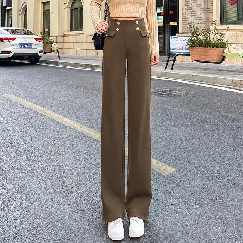 

2023 New Spring and Autumn Fashion Commuting Simple High Waist Straight Button Splice Casual Dropping Women's Wide Leg Pants