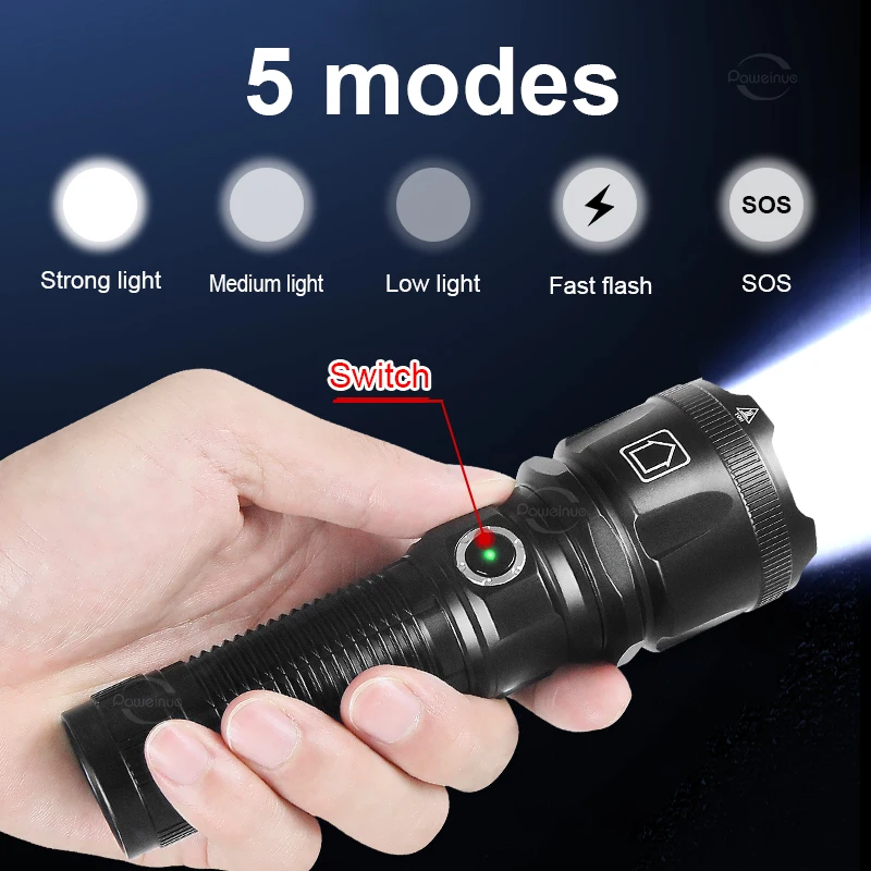 10000 Lumens Ultra powerful Flashlight 600W Lamp Bead Rechargeable Strong Power Led Flashlight Long Range Hunting Tactical Torch