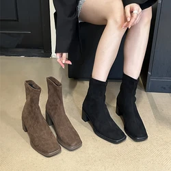 SUOJIALUN Winter New Brand Women Ankle Boots Shoes Fashion Square High Heel Ladies Elegant Short Boots Slip On Chelsea Shoes