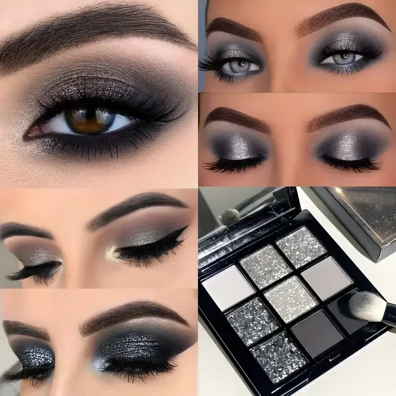 Paleta de sombras de ojos Black Swan de 9 colores, brillo fascinante, efectos punk ahumados dramáticos, tonos en gris claro y maquillaje plateado oscuro