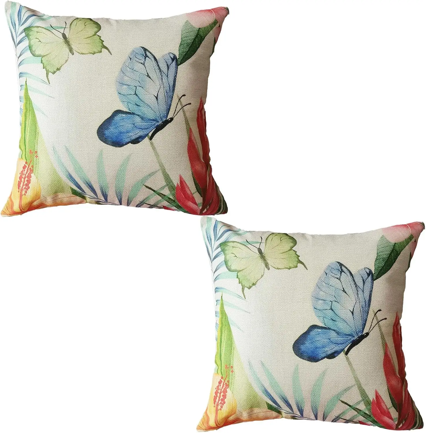 

Spring Butterfly Floral Pillow Covers 18X18 Set Of 2, Blue Decorative Throw Pillow Cases Farmhouse Square Cushion Covers For