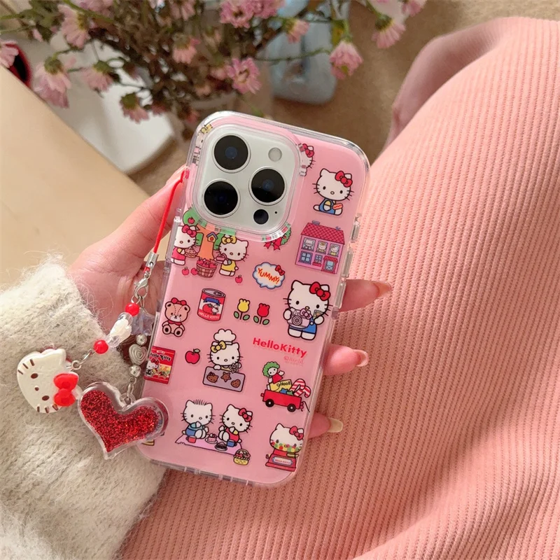 

Cute illustration Hello Kitty Bear Daily Life KT Phone Case For iPhone 13 14 15 16Pro Max Cartoon Y2k Pink Heart Love Kitty Case