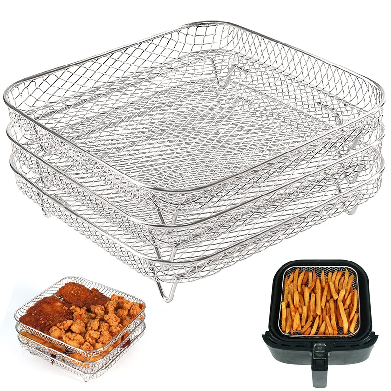 8-Zoll-Quadrat-Luftfritteusen-Zubehör, 3-lagiger stapelbarer Airfryer-Grill-Backständer für Philips, COSORI, Ninja Foodi Dörrgerät-Halter