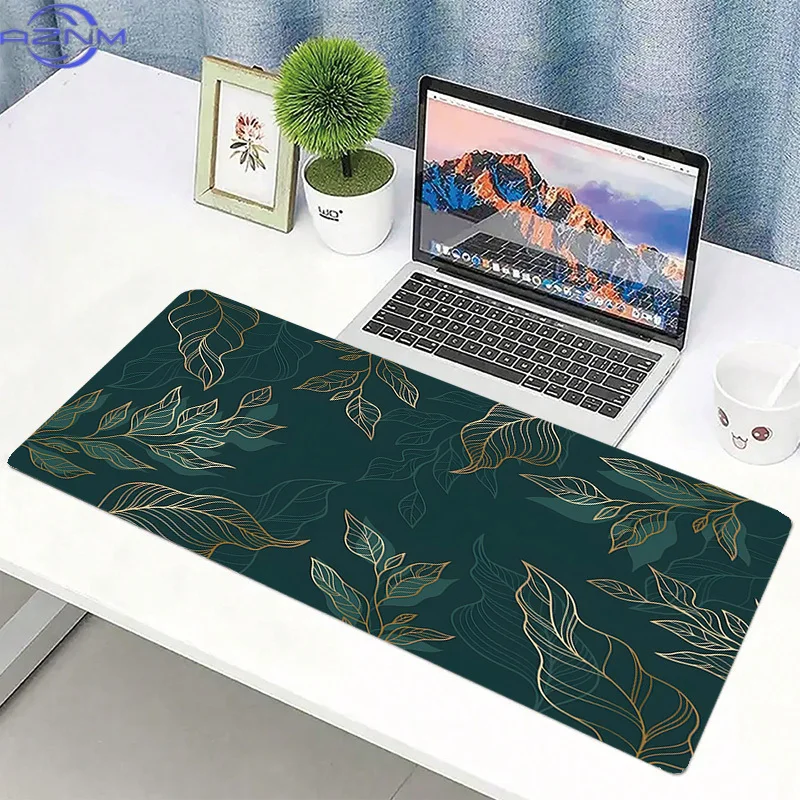 Extra-Large Golden Leaves Aesthetic Green Desk Pad - cm Non-Slip Rubber Base Mouse Pad with Stitched Edges, Smooth Surface for H
