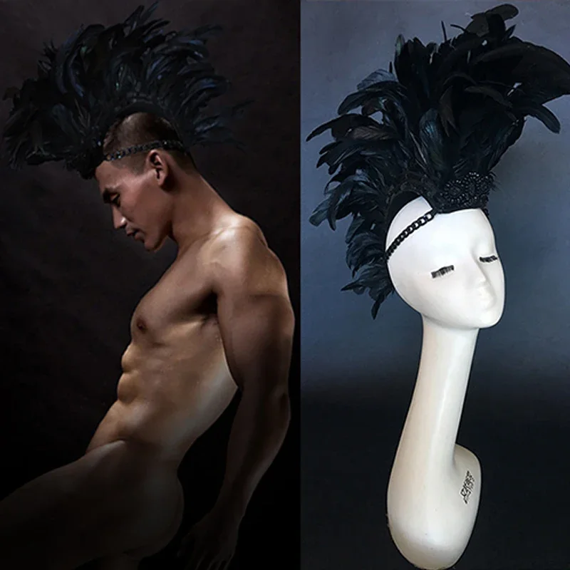 Copricapo di piume nere Uomo Donna DS Nightclub Bar Abbigliamento per spettacoli teatrali Accessori per passerelle di scena per adulti Outfit XS3206