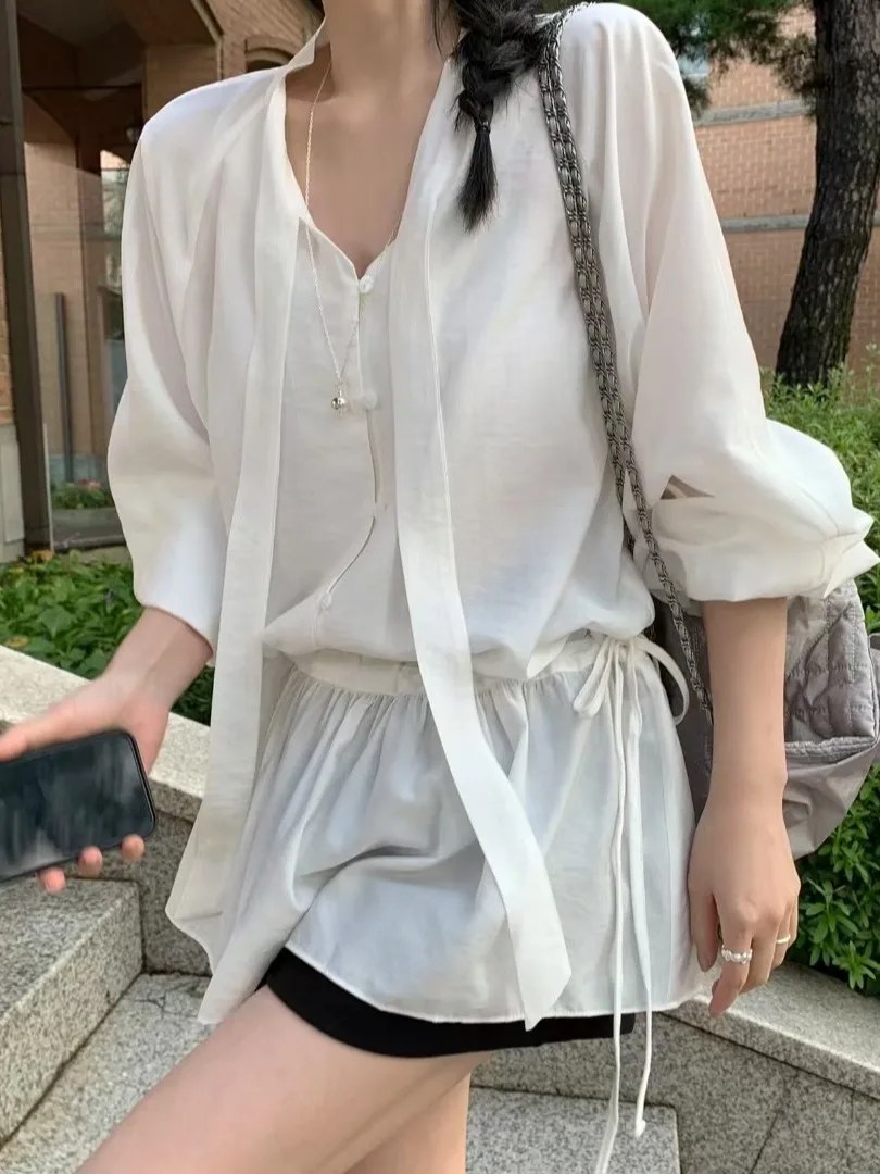 تصميم كوري Sle مربوط بشكل حلو على الخصر ثنيات Dr للسيدات تصميم خريفي أبيض irt طويل Sve للفتيات متعدد الاستخدامات Dr