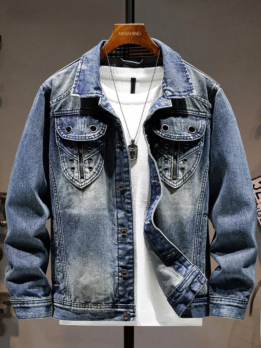 

Мужская повседневная джинсовая куртка-косуха из плотного полиэстера, новинка 2026 года, модная, с длинными рукавами, приталенного кроя