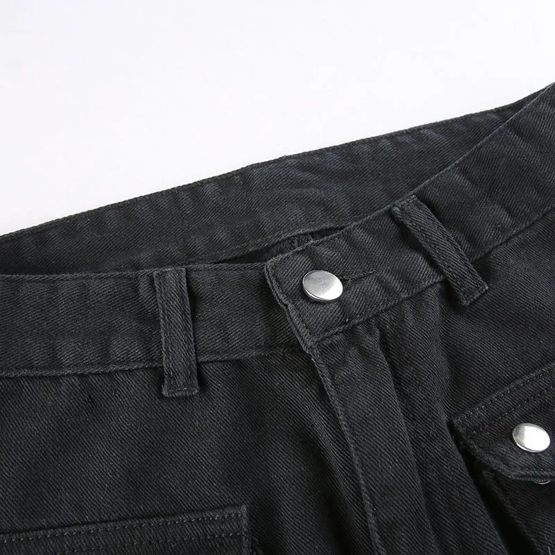 Y2K Metal Button High Waisted Straight Leg Jeans Drop Crotch Print Streetwear Pants Hip Hop Cargo Denim Trousers for Women