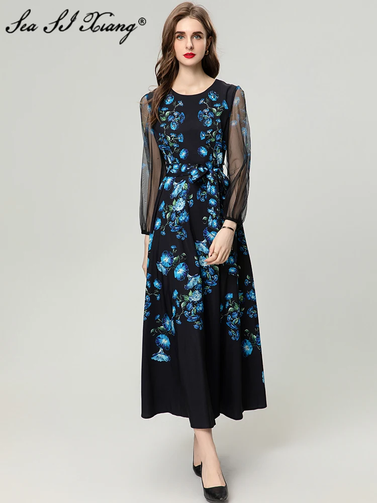 

Seasixiang Fashion Designer Summer Women's O-Neck Lantern Sleeve Crystal Diamonds Blue Floral Print Elegant Party Long Dresses