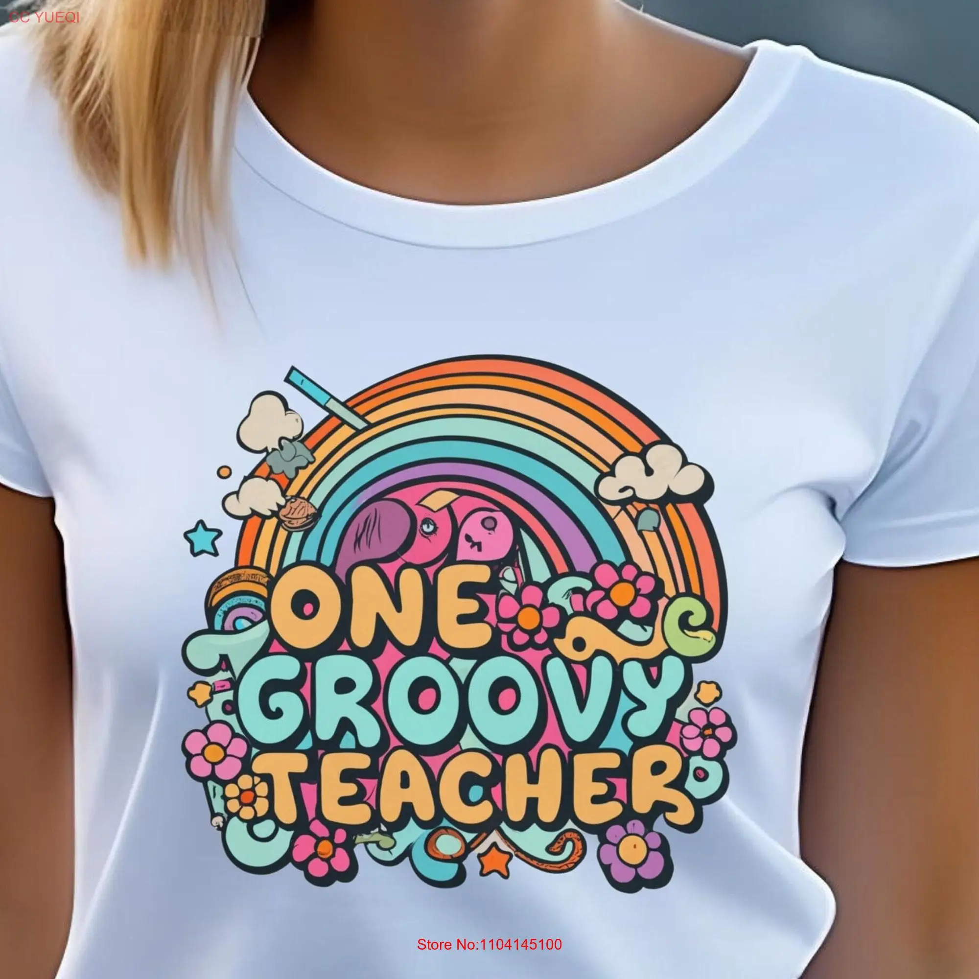 One Groovy Teacher Flowers and Rainbows Retro T shirt long or short sleeves