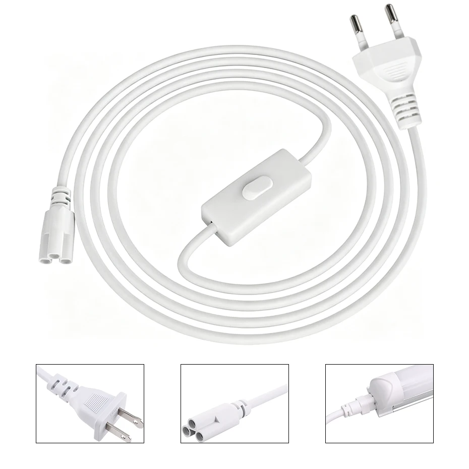 EU US Plug 3Pin Hole T5 T8 LED Tube Power Supply AC Switch Cable 1.8m Charging Extend Wire ON/OFF Connector Lighting Accessory