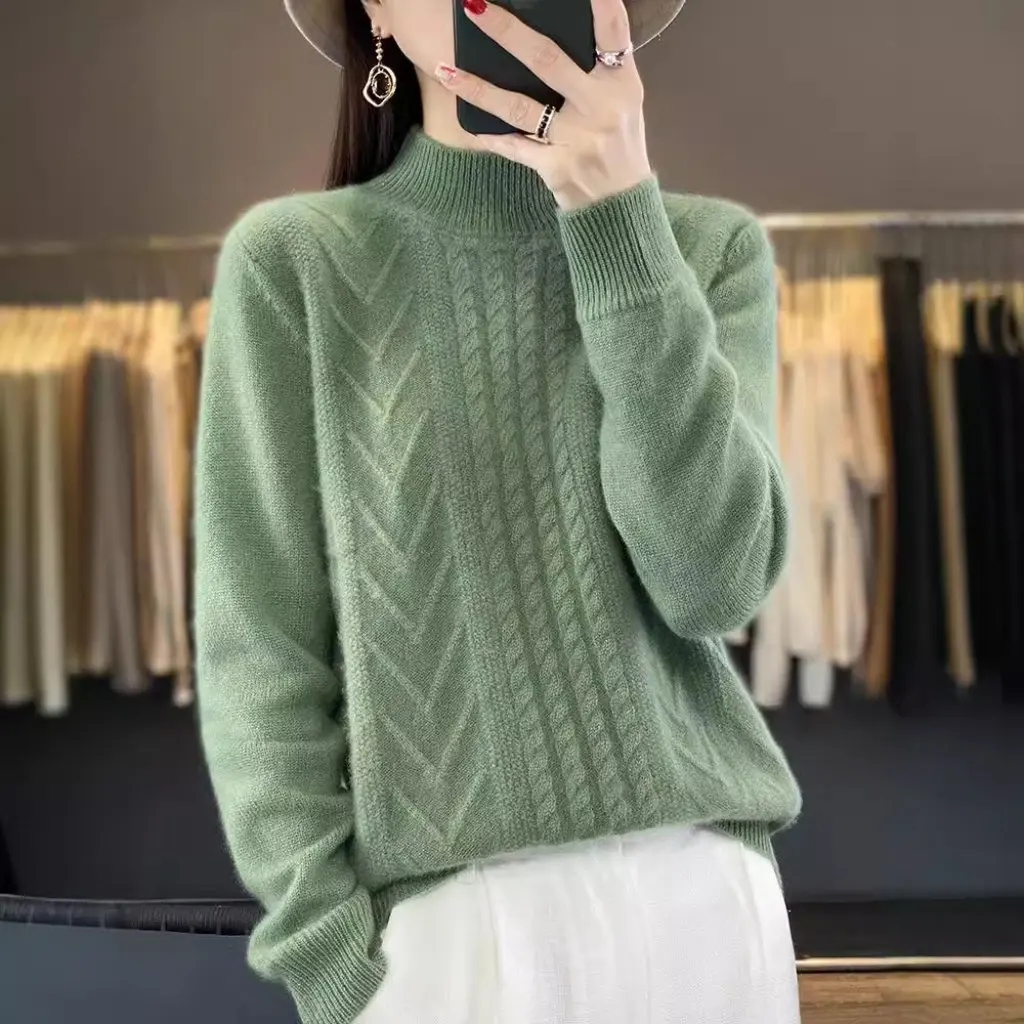 

Women's Half-Turtleneck Pullover Sweater 100% Wool Thickened Twisted Knit Retro Style Loose Base Shirt for Autumn Winter