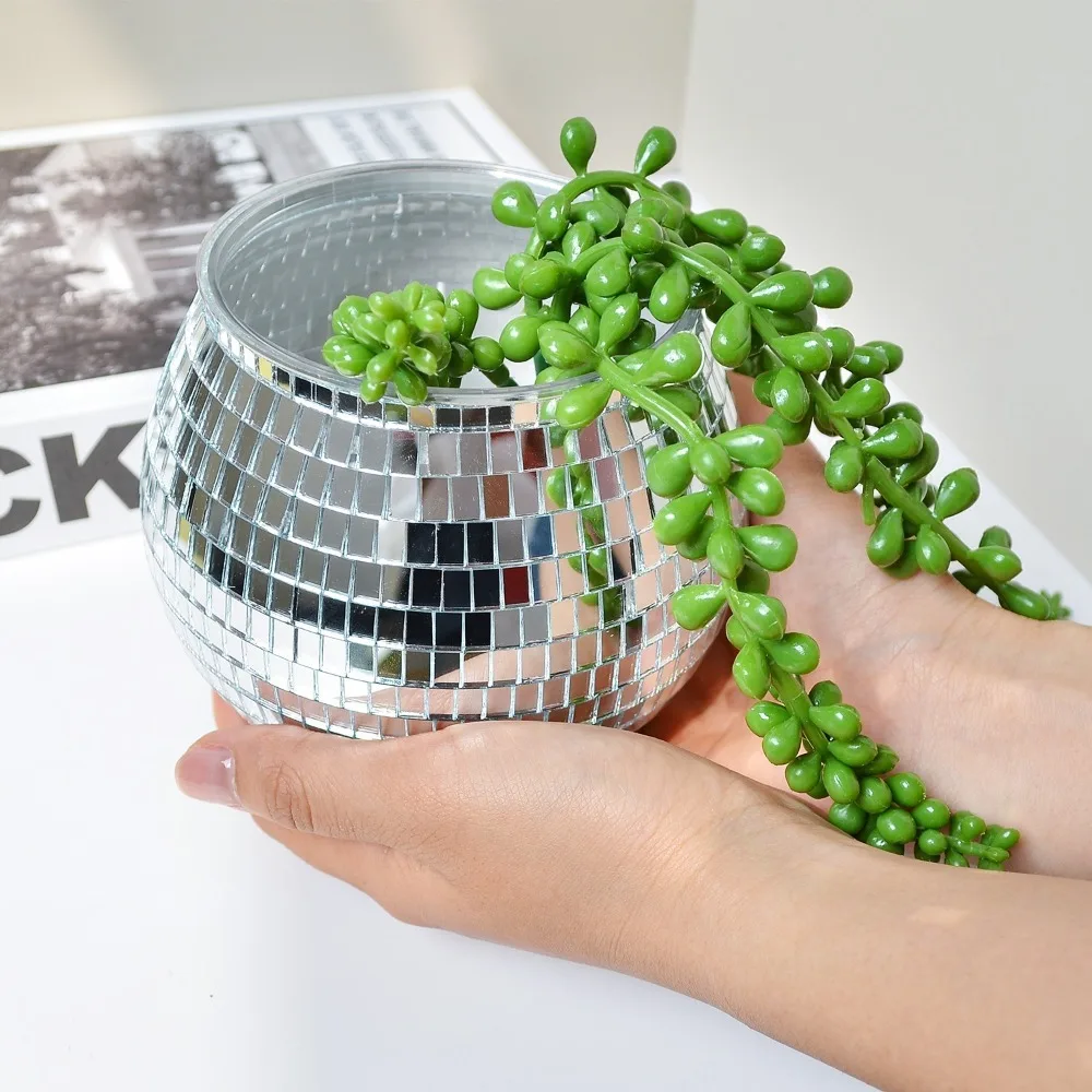 Creative Disco Ball Flower Pot Silver Mirror Glass Round Disco Ball Plant Holder Home Decoration Flower Vase Home