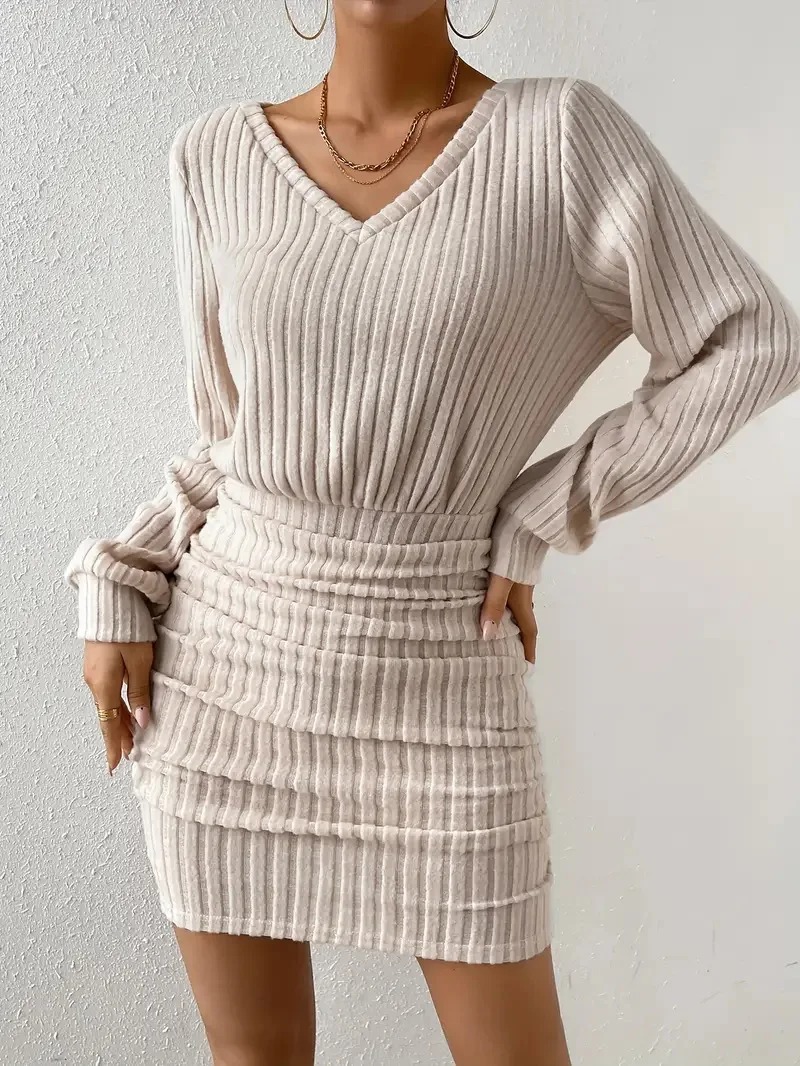 

Women's Autumn Winter Knitted Sweater Mini Dress Female Casual Solid Wrap V-neck Long Sleeve Warm Bodycon Short Dresses Robe