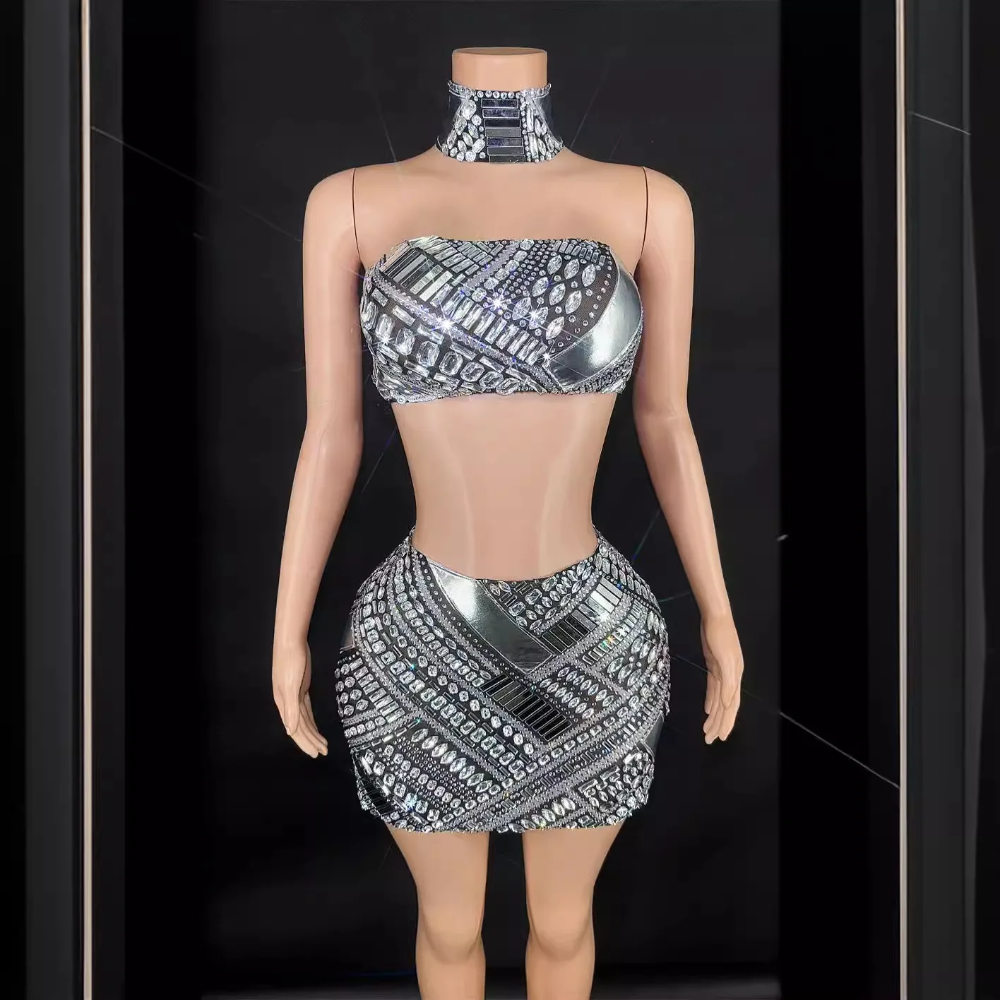 Sexy Strapless Sleeveless Slimming Diamond Studded Top With High Waisted Tight Fitting Buttocks Singer stage performance Dress