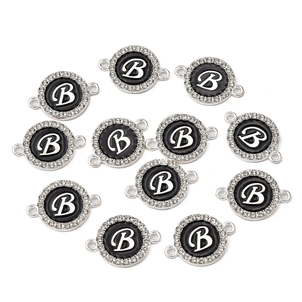 

100pc Metal Enamel Links Connectors with Crystal Rhinestones Flat Round with Letter Silver Color Plated Letter for DIY Jewelry