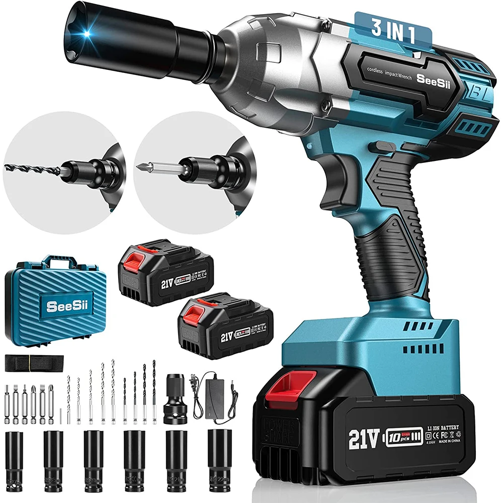 SEESII Cordless Impact Wrench 650N.m Torque Brushless Electric Wrench Power Tools with Sockets Screws Drill for Car Home WH700