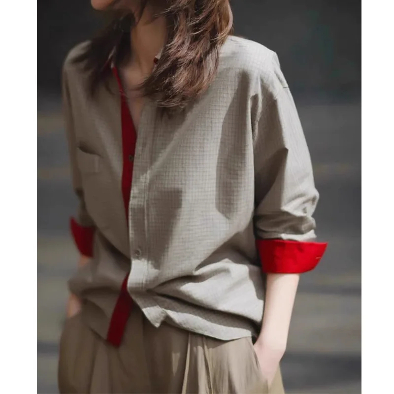 

Женская рубашка в клетку 2025: Новинка осени, контрастные цвета, универсальная повседневная рубашка однотонного цвета