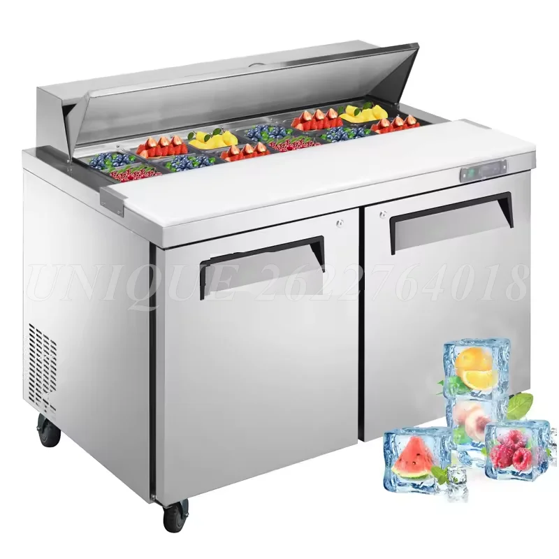 Stainless Steel Air-Cooled Pizza Salad Table Commercial Fresh-Keeping Freezer Fruit Refrigeration Workbench Kitchen Equipment