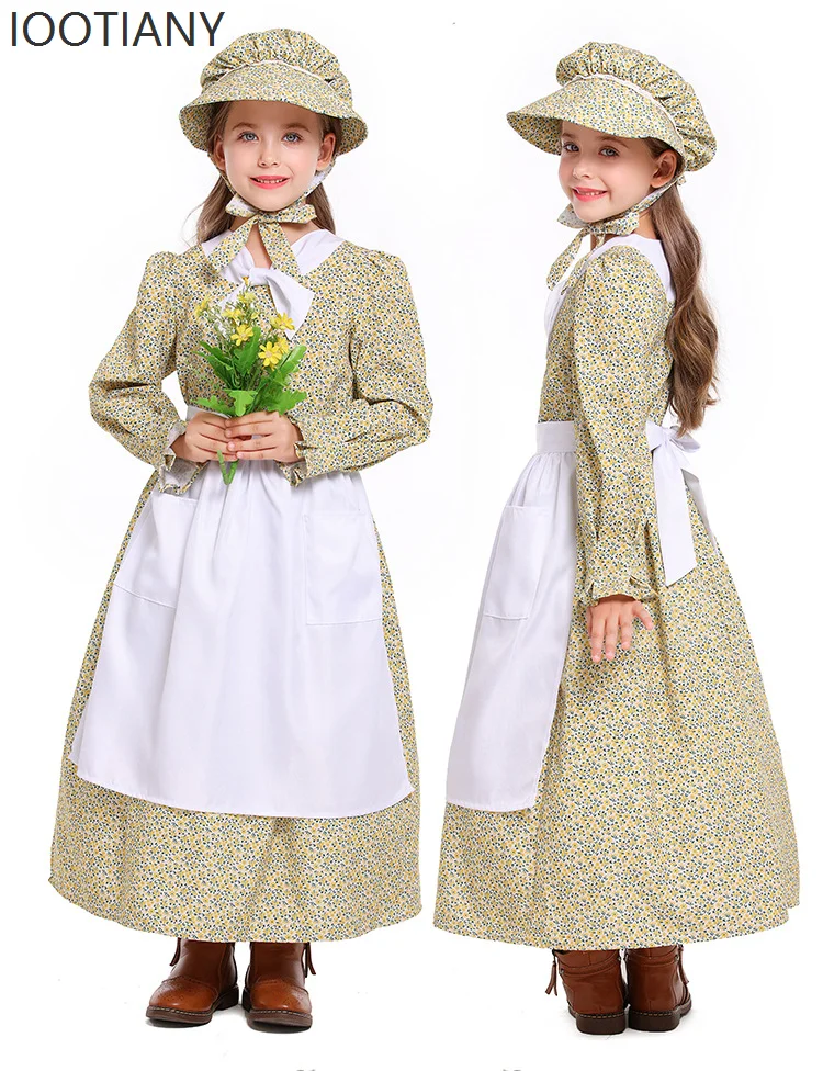 

New Yellow Floral Girls Costume Victorian Medieval Pastoral Style Dress Halloween Carnival Party Role Playing Costume Apron Set