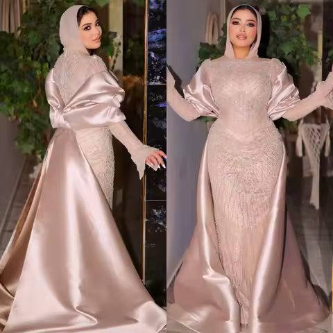 Customized Mermaid Exquisite Pink Satin Evening Dress Elegant Long Sleeves Celebrity Gowns Luxury Special Occasion Gowns