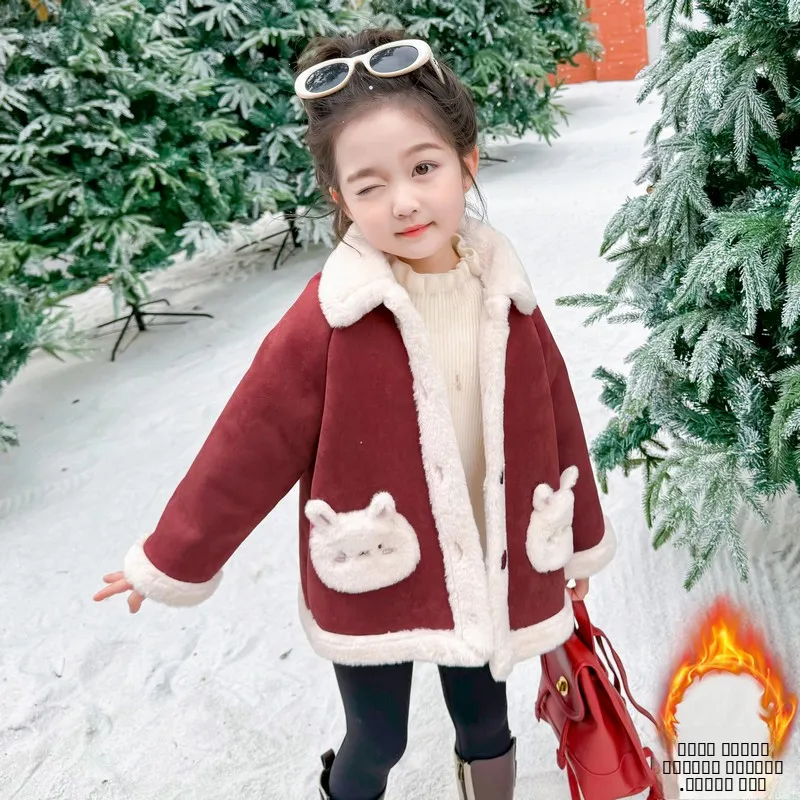 

Thiened Fce осенне-зимнее пальто для девочек, детское длинное пальто из натуральной кожи и меха с героями мультфильмов, корейское пальто