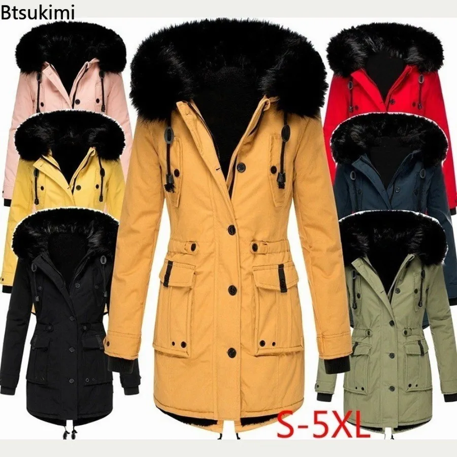 2025 Women's Thickened Warm Parka Oversized Autumn Winter Plush Cotton Jacket Coat with Fur Collar Female Hooded Warm Jacket