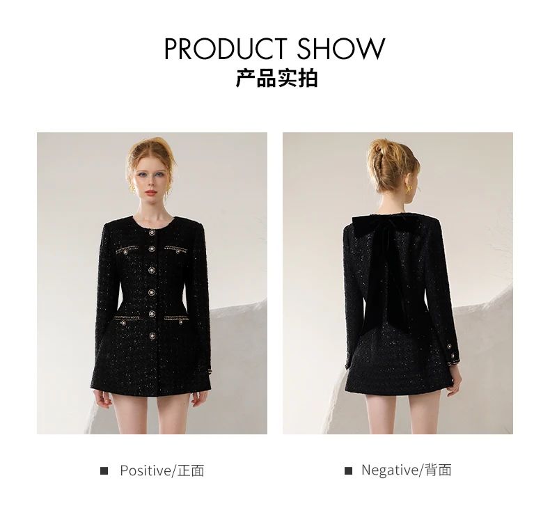 High Quality Designer Niche Black Elegant Woolen Dress Women Autumn and Winter New High Waist Back Velvet Bow Tweed Coat Jacket