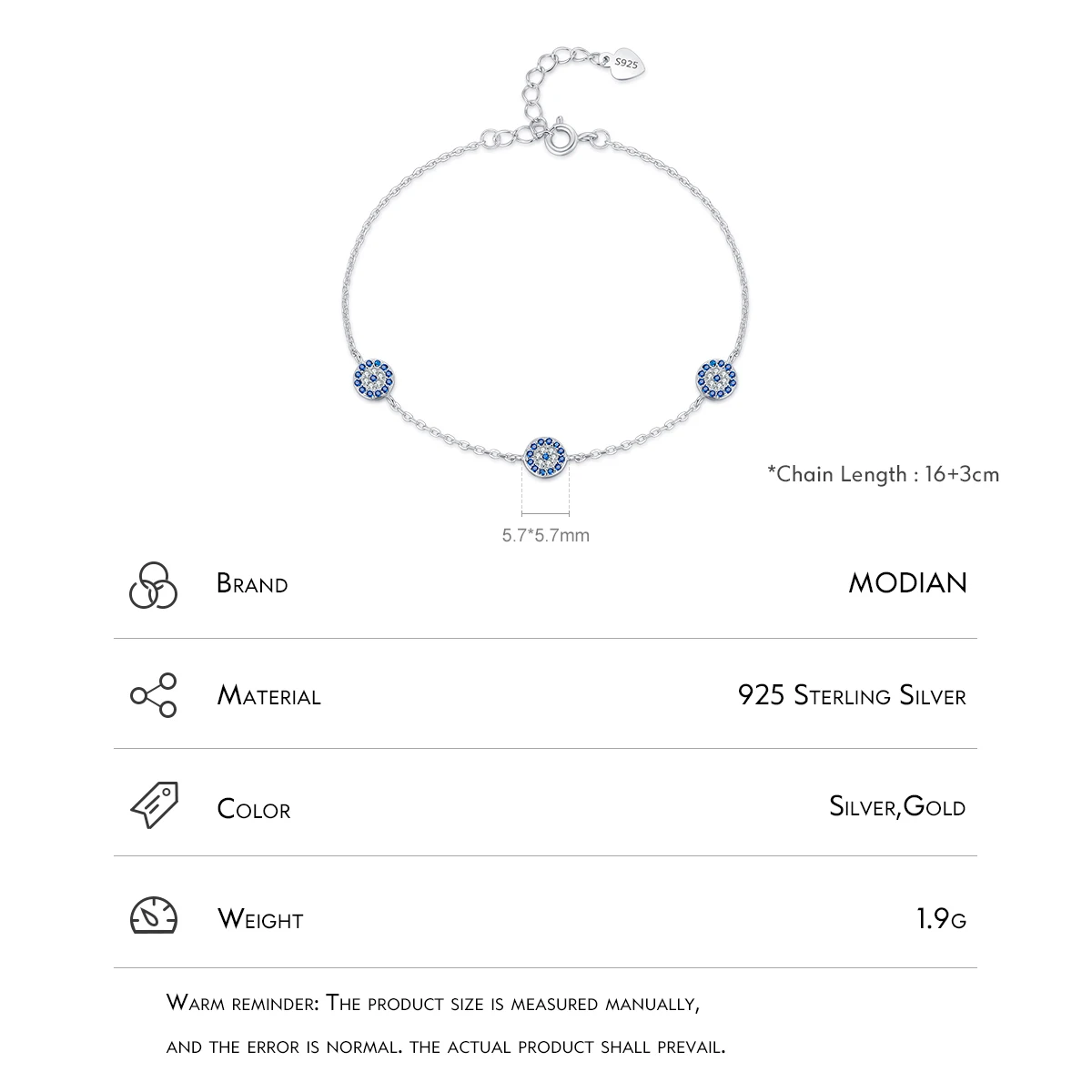 MODIAN-pulsera de plata de ley 925 auténtica para mujer, brazalete redondo con ojos de circonita azul, cadena de eslabones con abalorio Vintage, joyería fina, regalos de navidad