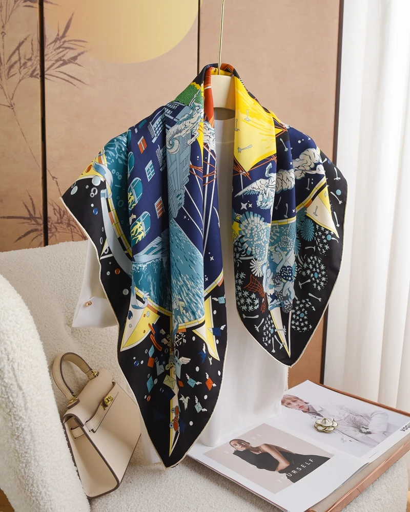 New Luxury Designer Mulberry Twill Silk Scarf Women Square Bandanas Top Accessories Women Hand Rolled Edge Shawls 90cm