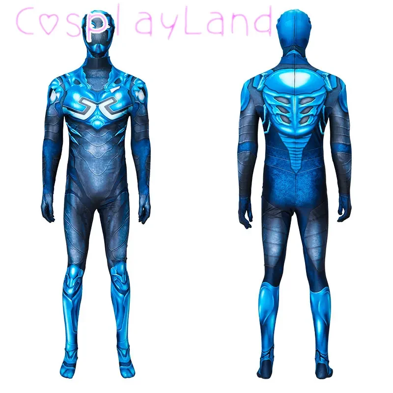 

Jaime Reyes Cosplay Costume 3D Printing Jumpsuit With Mask Blue Beetle Suit Halloween Superhero Bodysuit For Adult Men