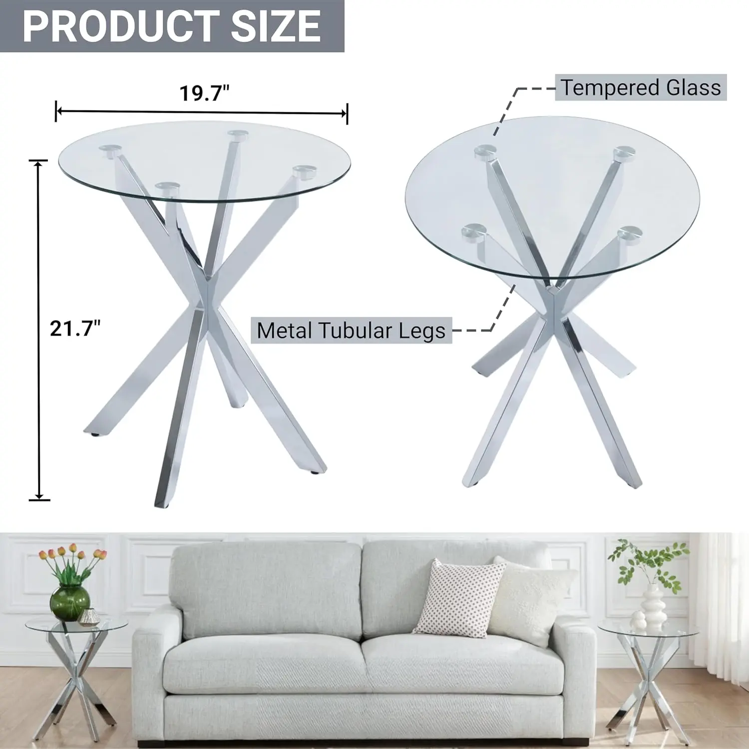 Small Round Side Table for Couch, Sofa Table with Clear Tempered Glass Top for Living Room, Bedroom, 19.7