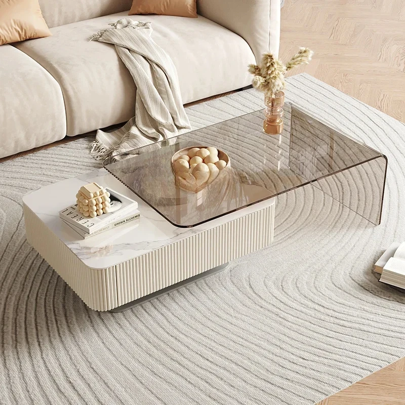 

Tempered glass storage coffee table, cream style stone tea table, minimalist modern living room home decor
