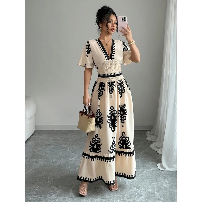 Modisches Schlankes Sommer-Maxikleid mit V-Ausschnitt und Print für Damen, Retro Tailliertes A-Linien-Kleid, Bedrucktes Hochtailliertes Kleid, Elegantes Büro-Outfit