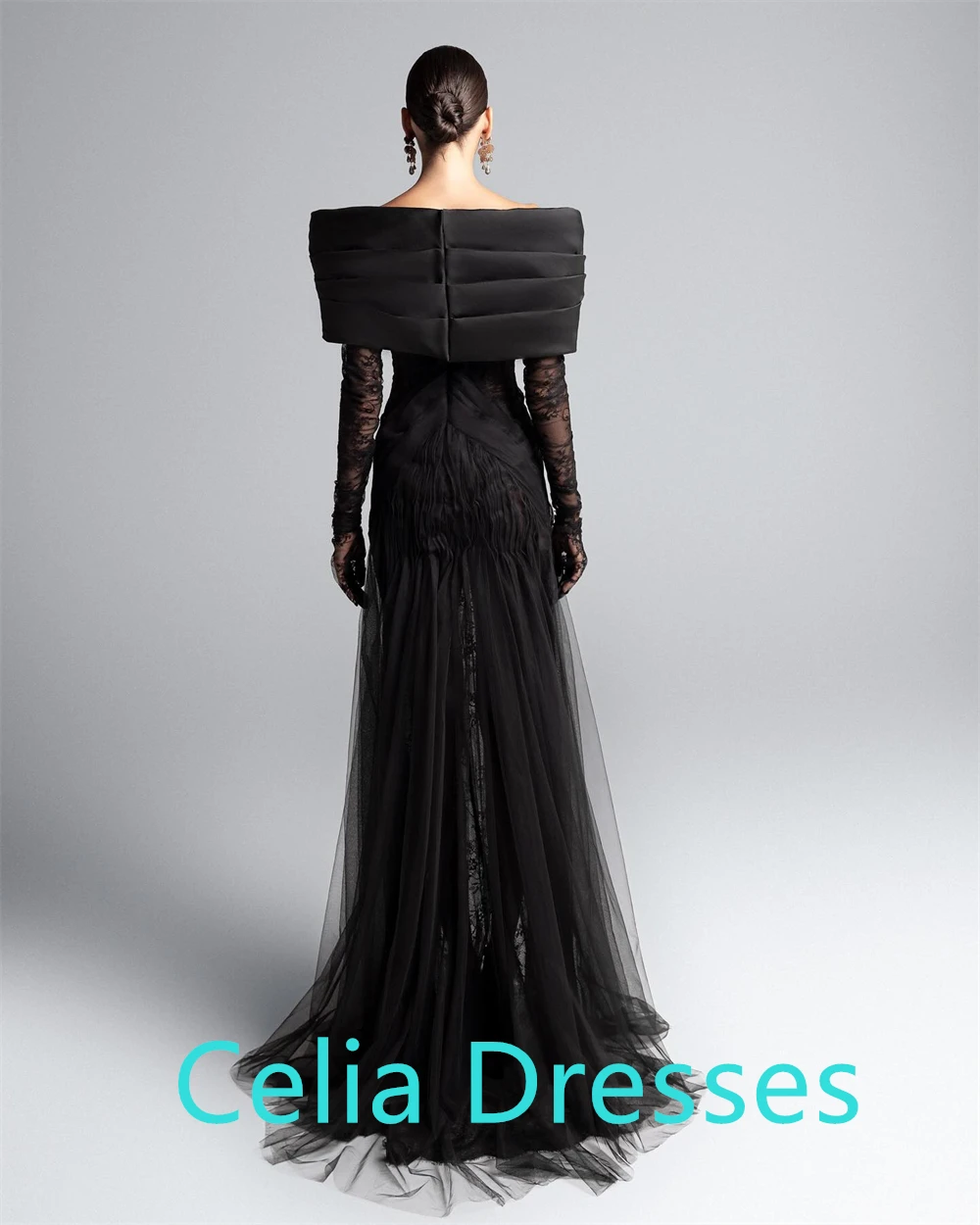 فستان سهرة حديث من التول الأسود مخصص قبالة الكتف وأكمام طويلة فستان العودة للوطن رائع مناسبة خاصة