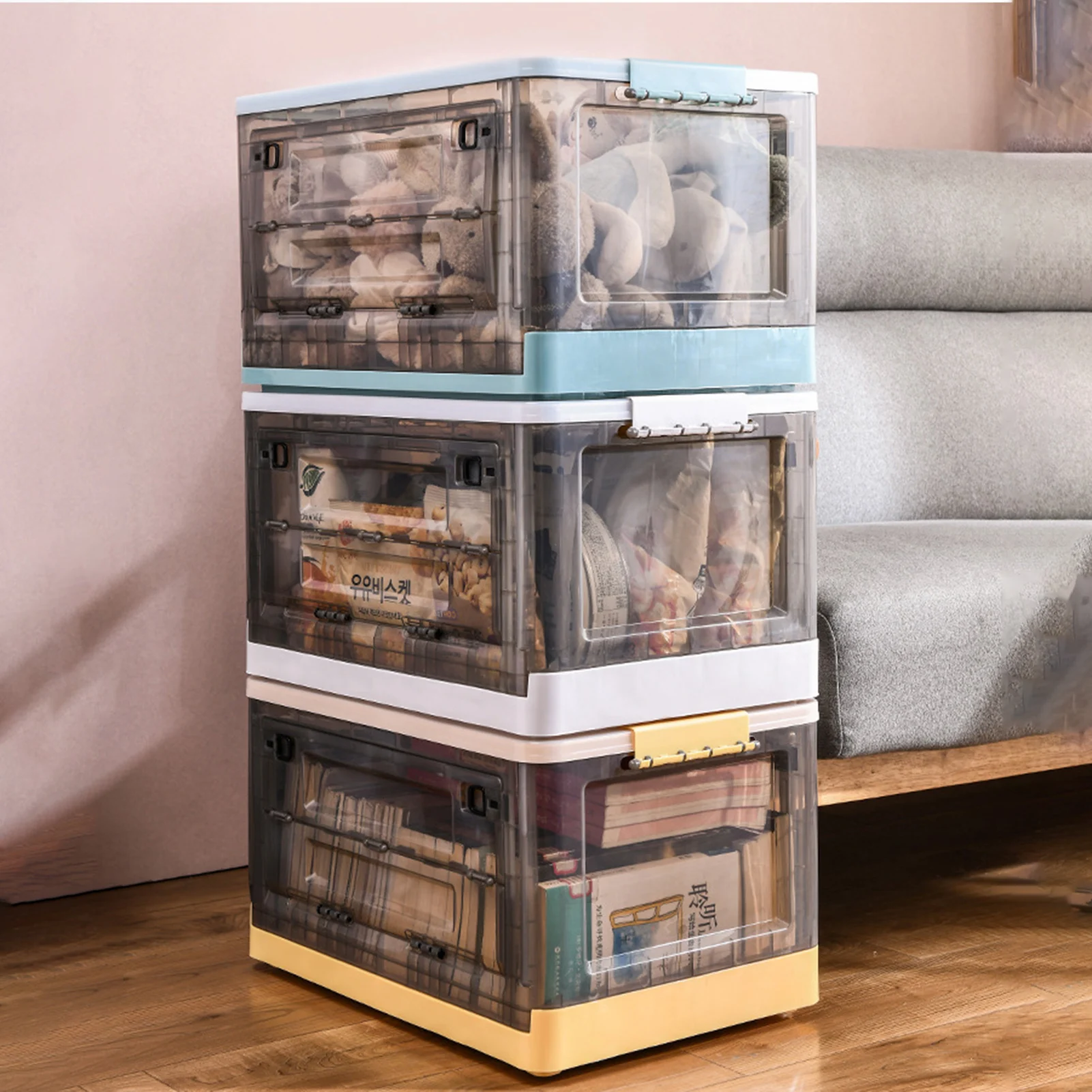 

Folding Double-door Storage Box Transparent Storage Bin With Lid Toy Clothes Storage Container Extra Large Book Box With Wheels