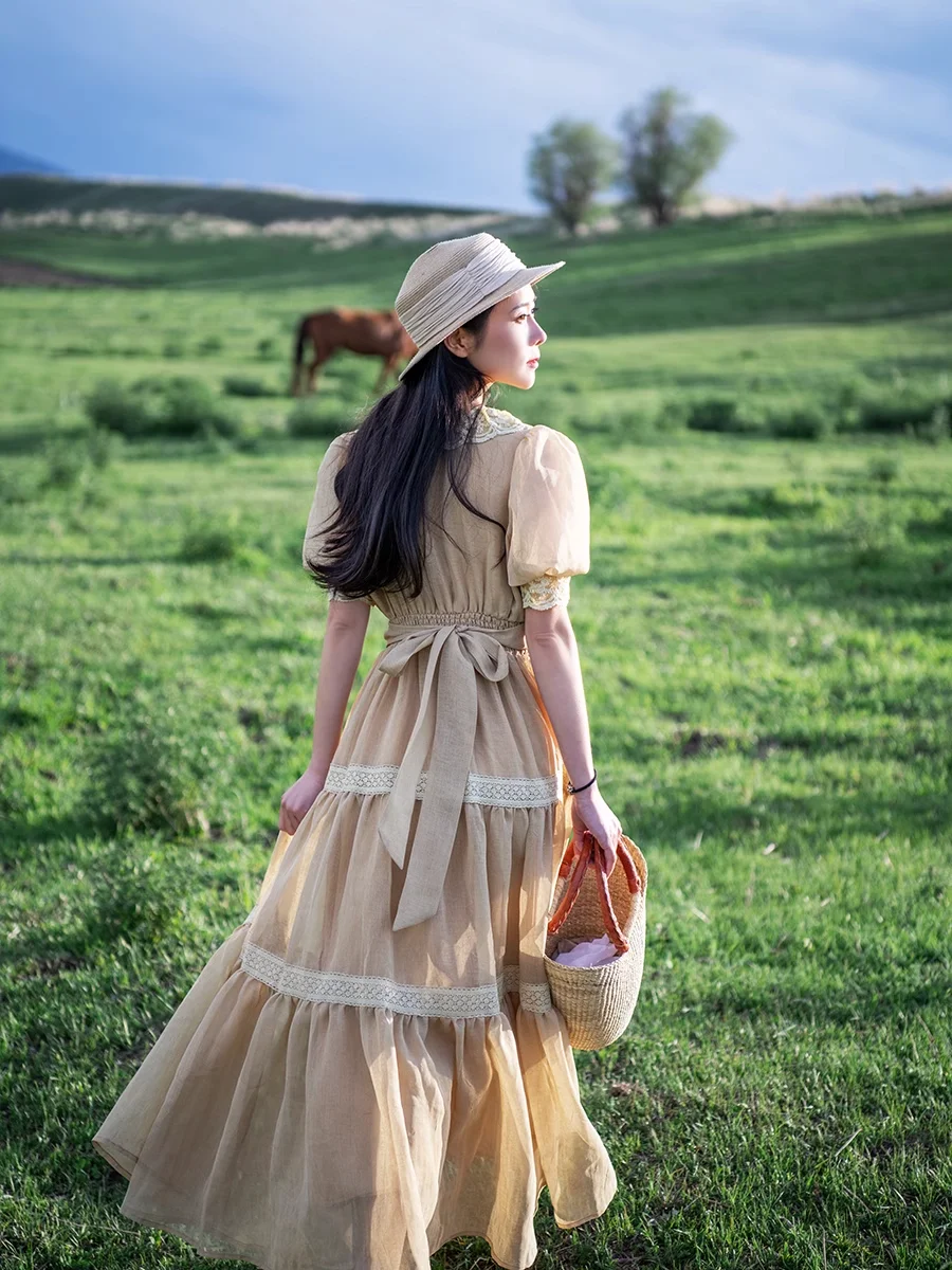 TIYIHAILEY Vintage Spring Linen Women Long Maxi Short Puff Sleeve Lace Patchwork Bandage Turn Collar Dress On Sale Ladies