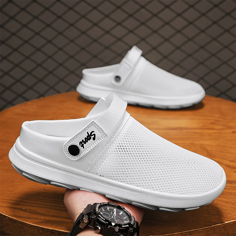 Mesh Half Shoes For Man Mules Flat Board Shoes 2025 Summer Backless Loafers Slippers Man Slides Mens Open-back Casual Shoes