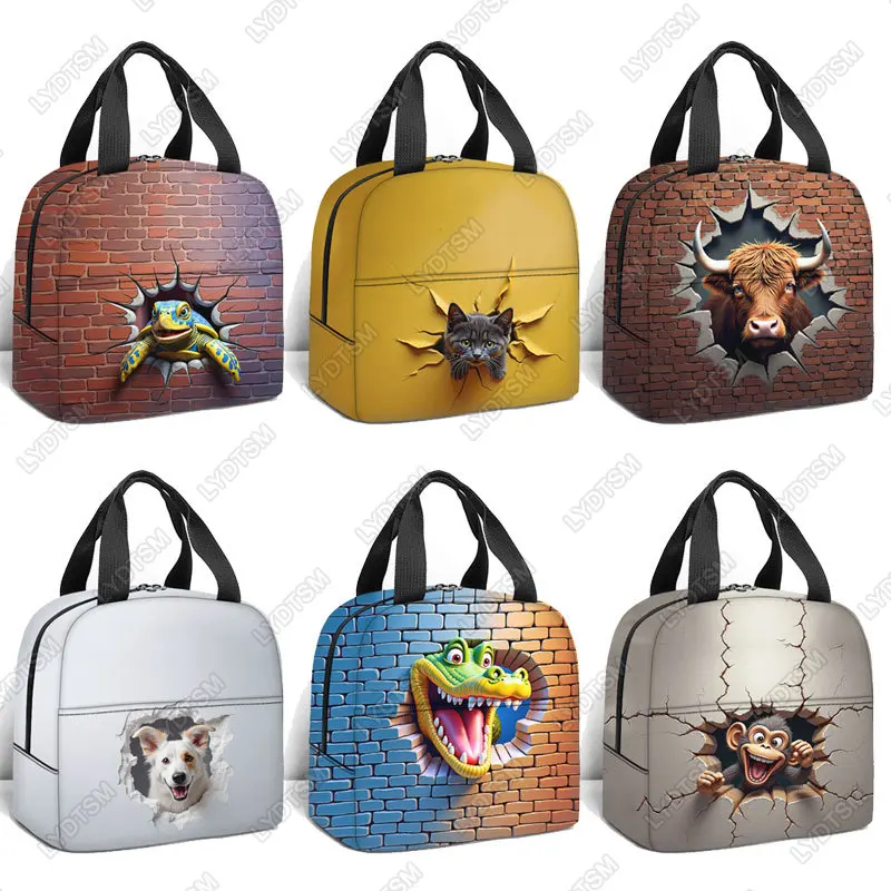 Animal Breaking The Wall Koala Print Lunch Bag Cat Dog Women Students School Picnic Bag Food Pouch Outdoor Hiking Food Bag