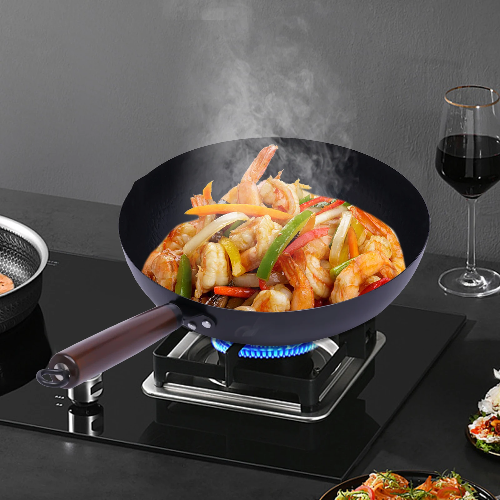 32cm Iron Wok Pan Pre-Seasoned Flat Bottom Stir Fry Pan with Glass Lid Non-stick, Iron Wok Pan With Lid