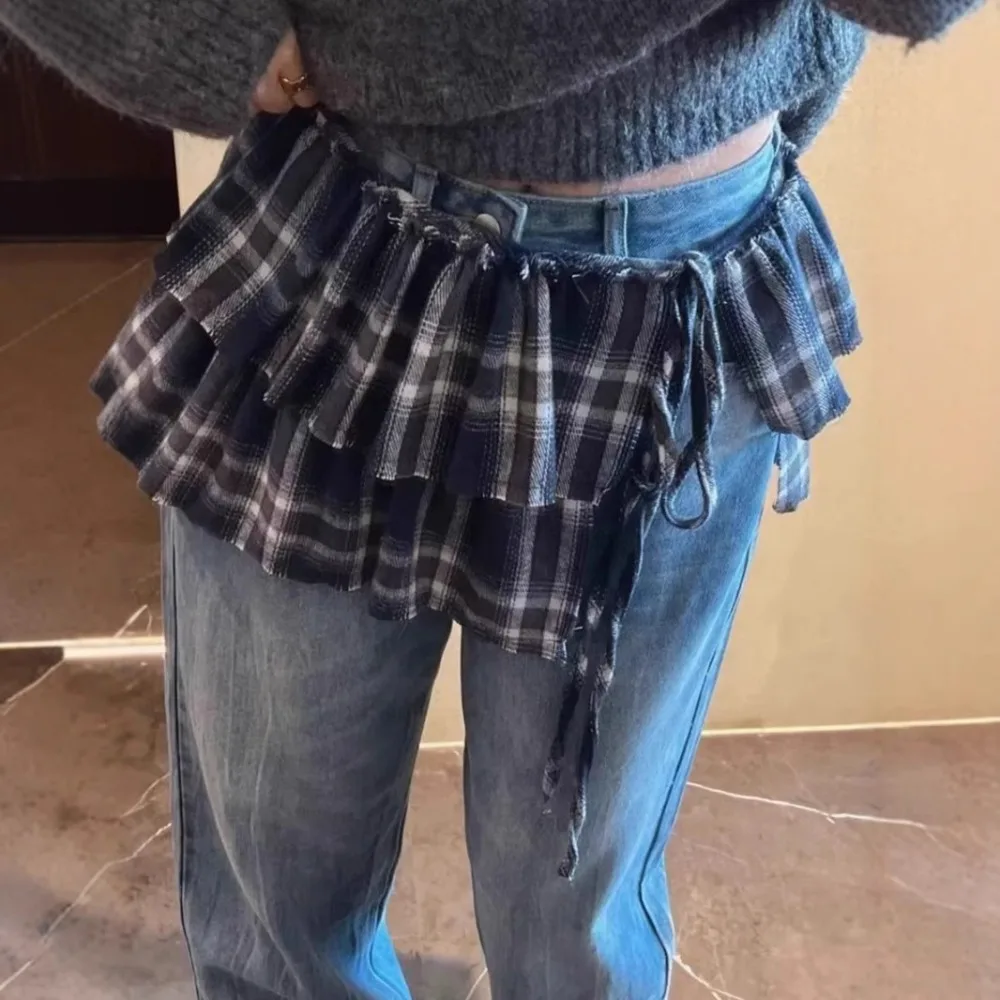 Hip-hop Layer Outfits Plaid Skirt Sweet Y2K Lace Up Hip Scarf Shirt Extender Korean Style Ruffled Edge Waistband