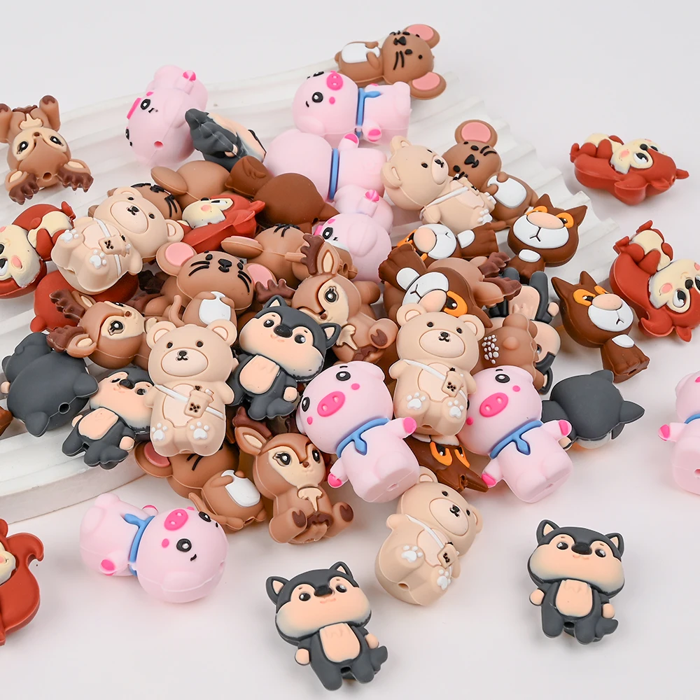 7Pcs Animal Silicone Focus Beads Cartoon Dog Mouse Pig Fox Deer Beads For Baby Pacifier Chain DIY Jewelry Making Accessory