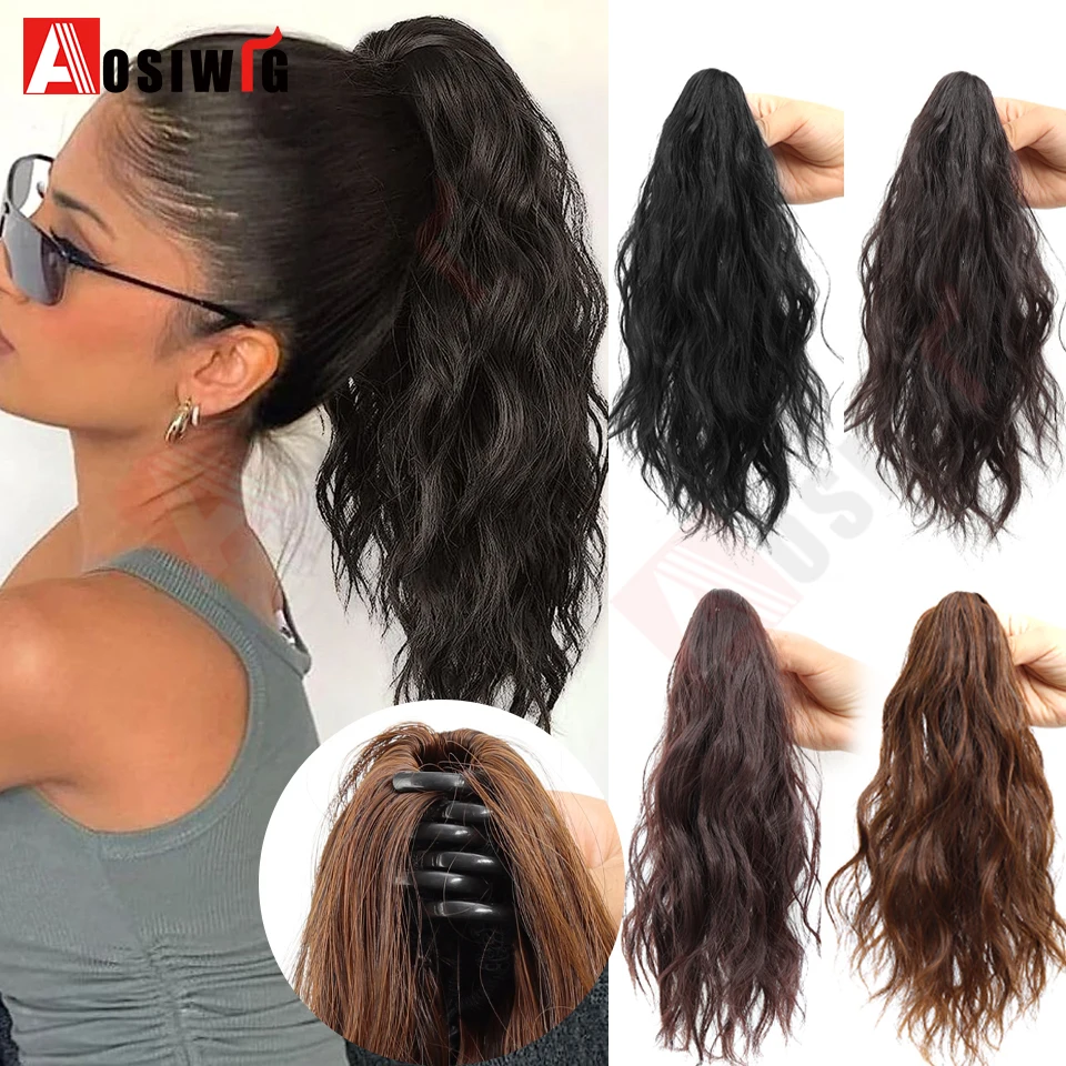 Synthetic 12Inch Short Wavy Brown Black Ponytail Hair Extension Claw Clip in Hairpiece Hair Extension Style For Women Daily