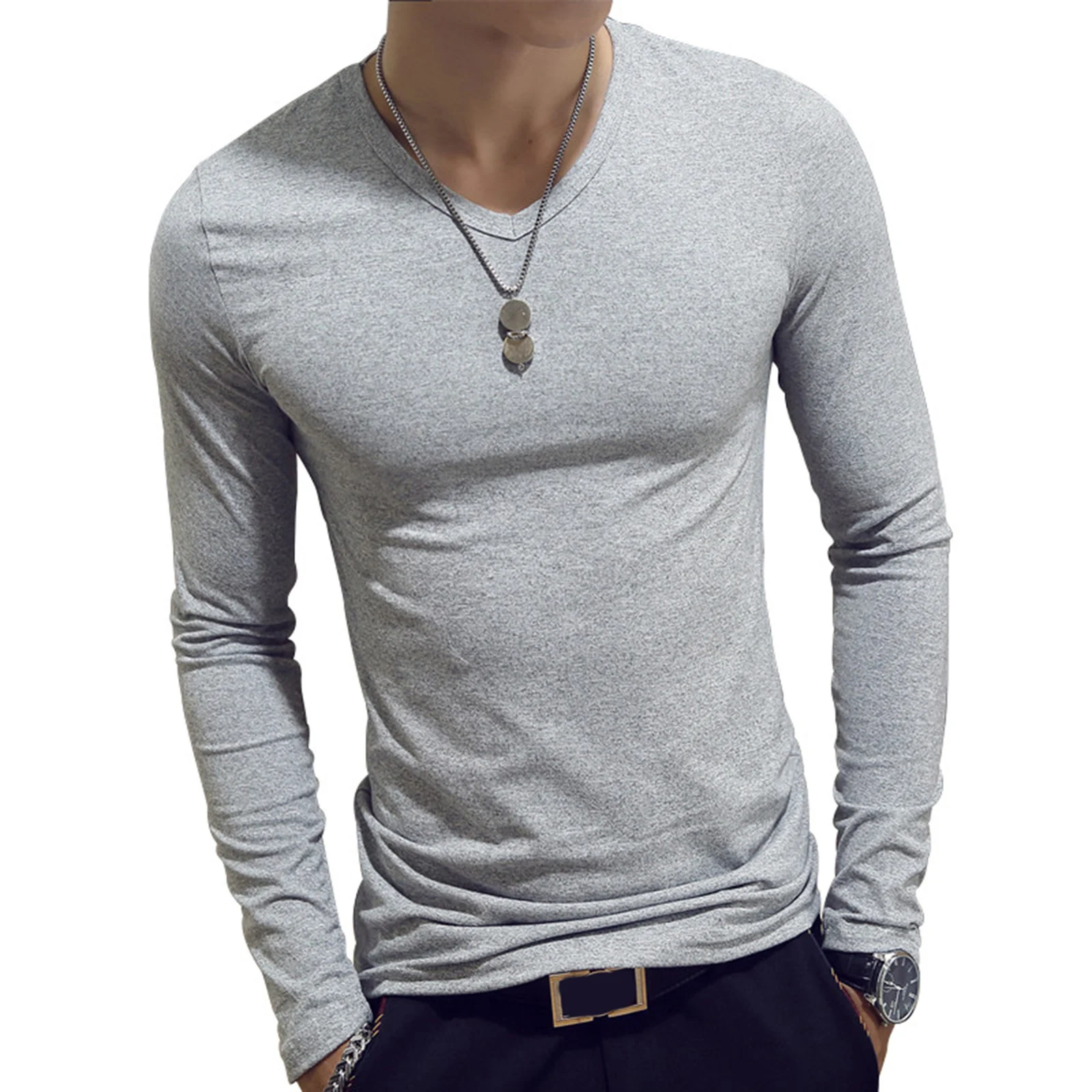 Mens Clothing Fashion V Neck Slim Fit T-shirt Long Sleeve Simple Classic Style Undershirt Casual Solid Color Tees Tops