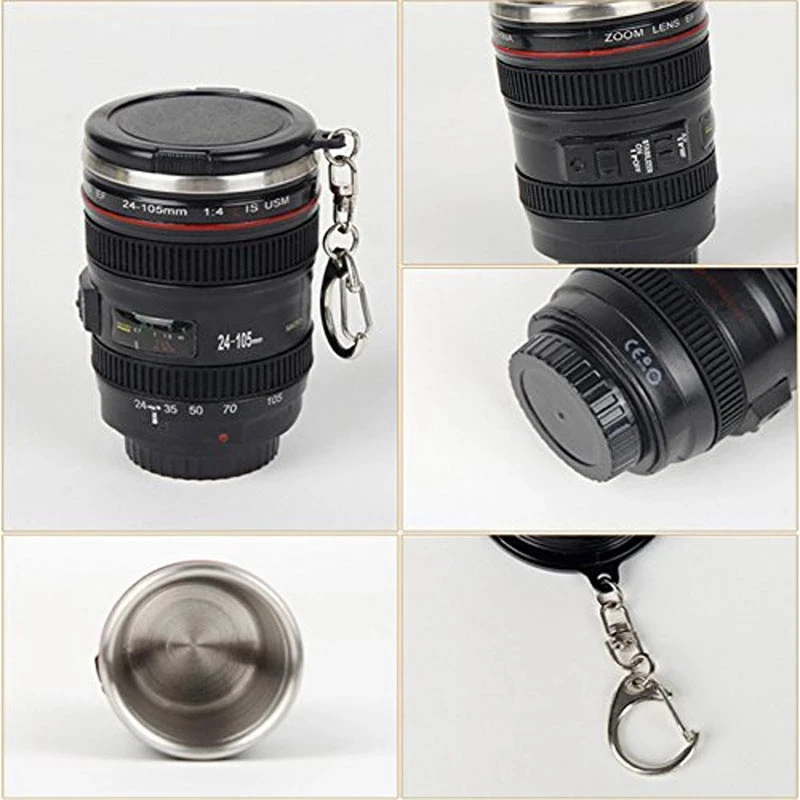 60ml Mini SLR Camera Lens Mug Plastic Coffee Mug With Keychain Portable Travel Wine Cup Stainless Steel Drinkware Creative Gift