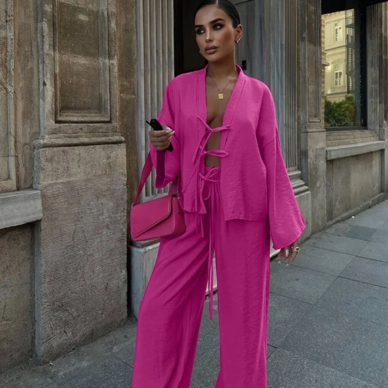 Nowy Jesienny Jednolity Kolorowy Dwuczęściowy Zestaw Casualowy Modny Ekskluzywny Europejsko-Amerykański Styl Z Sznurowaną Koszulą i Spodniami Damskimi