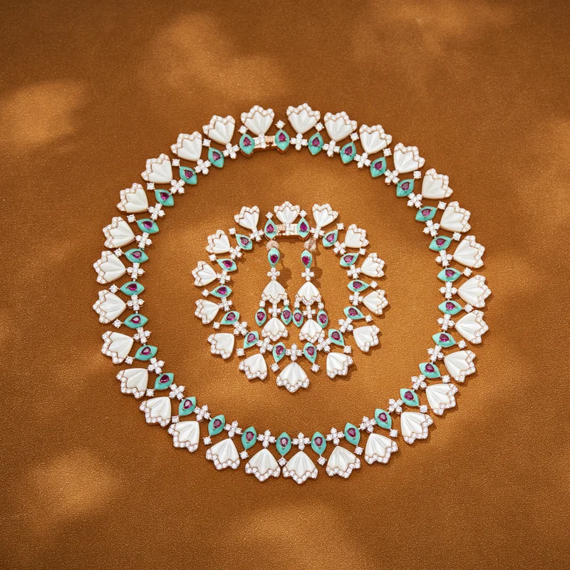 

Designer Collection Style Earrings Bracelet Necklace Women Lady Inlay AAA Cubic Zircon Mother Of Pearl Party Jewellery Sets