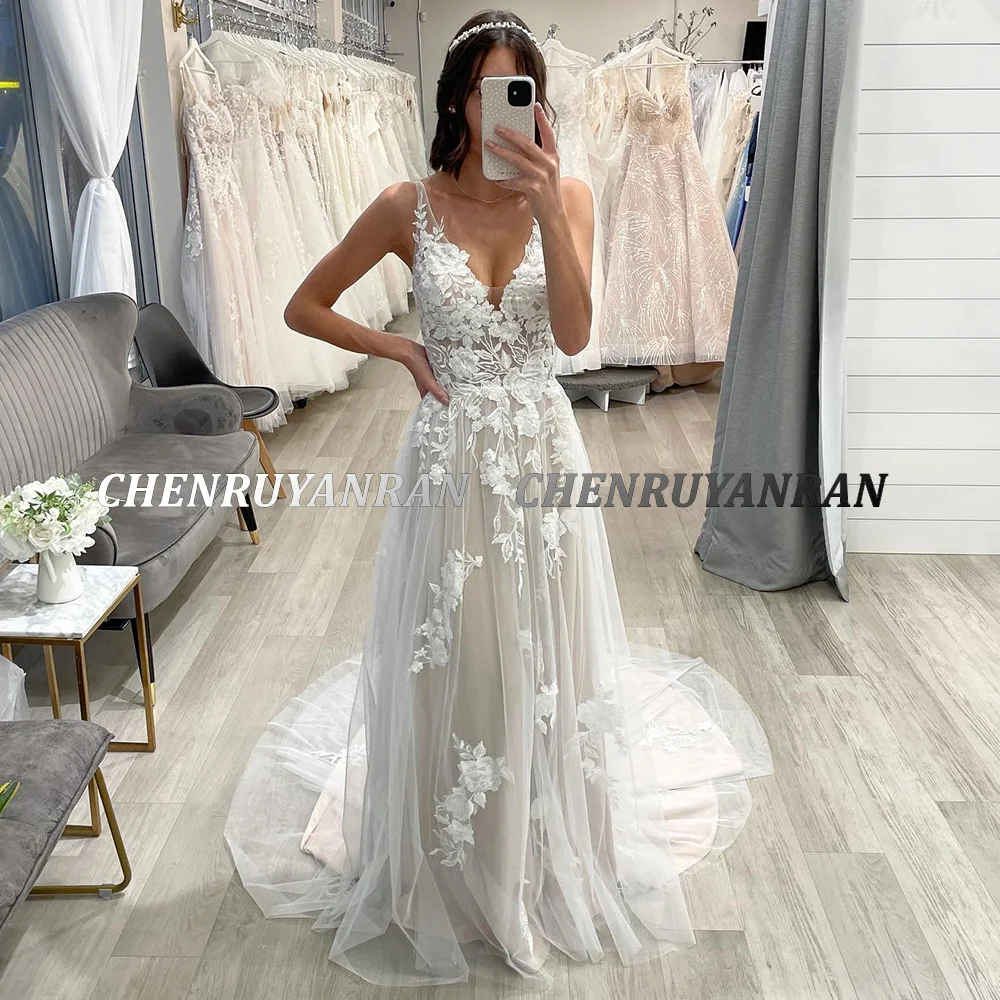 Gaun Pengantin Elegan untuk Wanita 2022 Tanpa Lengan Gaun Pengantin Panjang Seksi Renda Applique Tulle Gaun Pengantin Vestidos De Novia