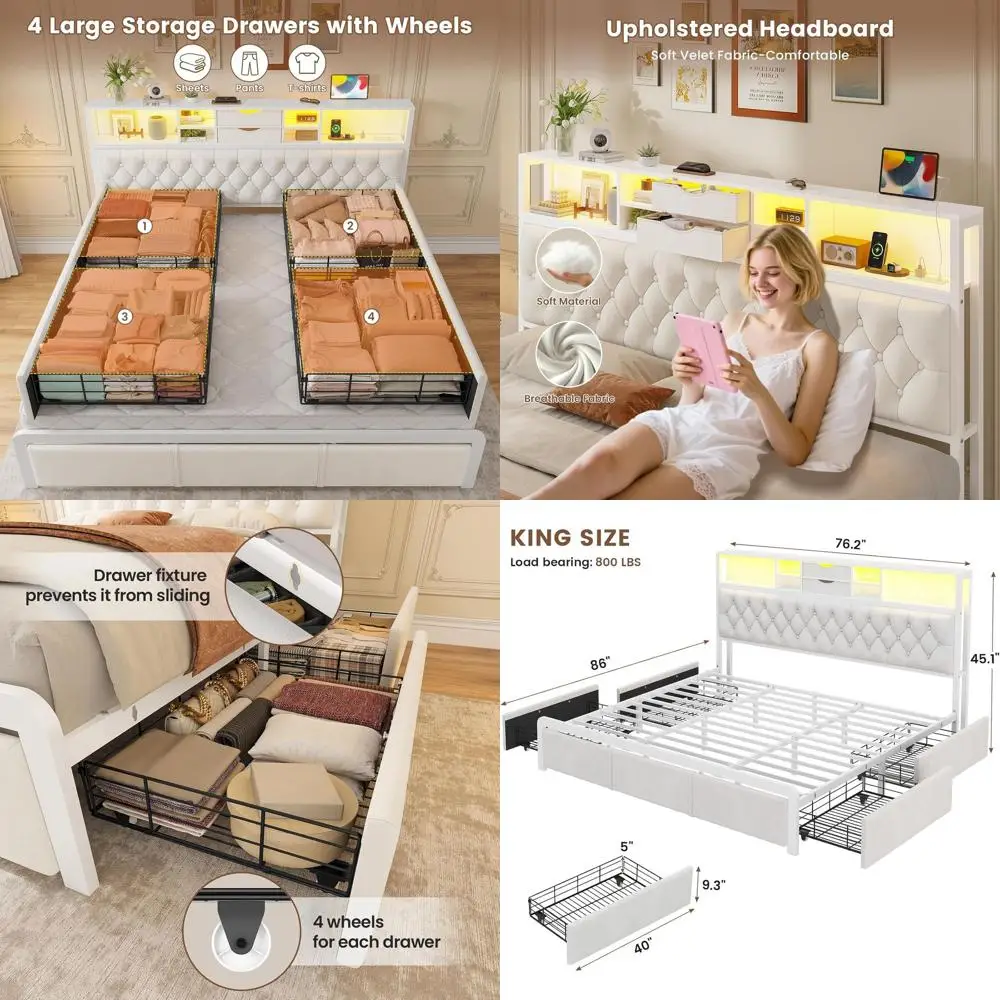 King Size Velvet Bed Frame with 4 Drawers, LED Lights, Charging Station, Beige